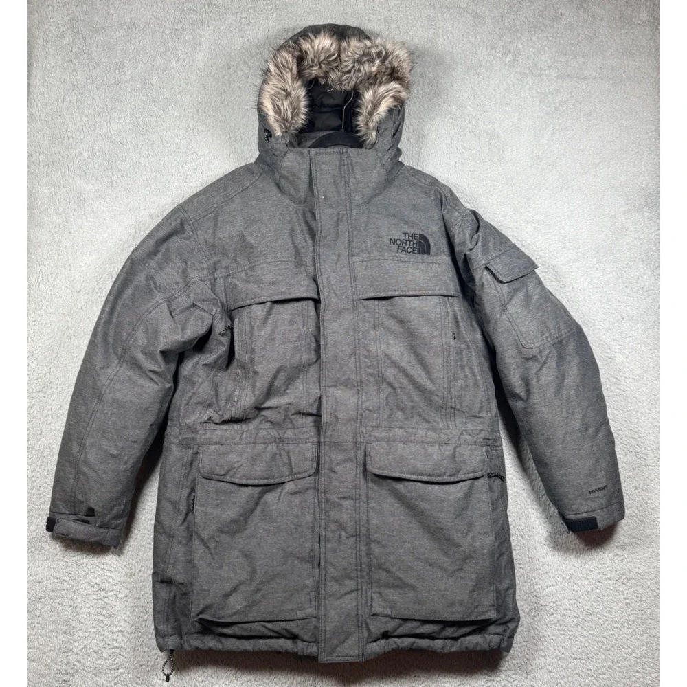 The North Face Goose Down McMurdo Parka Men XL Gray HyVent Hooded Fur Coat Heavy